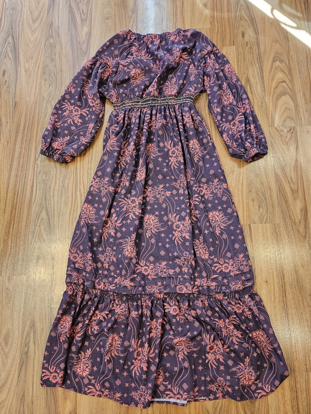 Boho Floral V-Neck Long Sleeve Maxi Dress in Plum and Coral - Picture 5 of 13